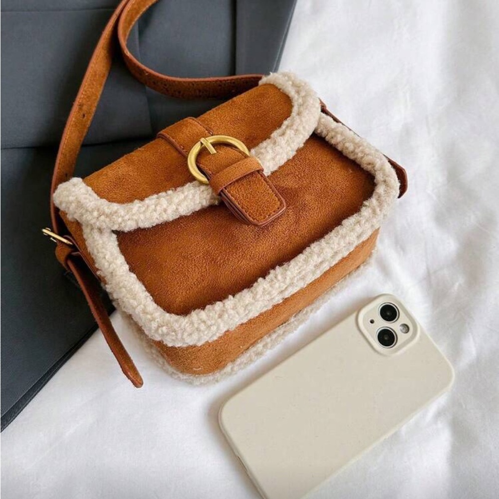 Sherpa suede bag camel brown Crossbody Bag with Shearling Trim - Picture 5 of 7